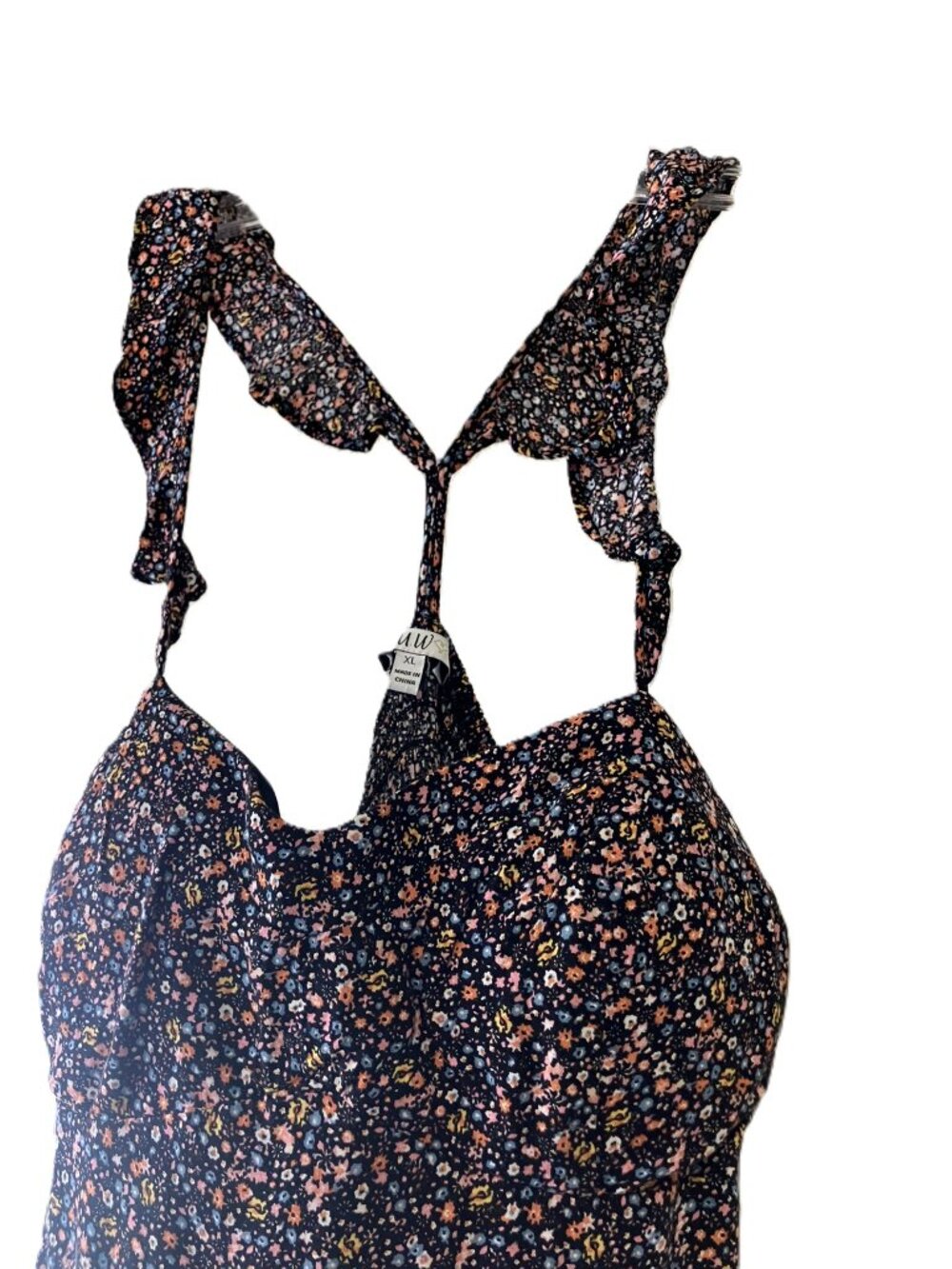 A.U.W. Floral Mini Dress Black Size XL Smocked Ruffle Straps Stretchy - Picture 3 of 11